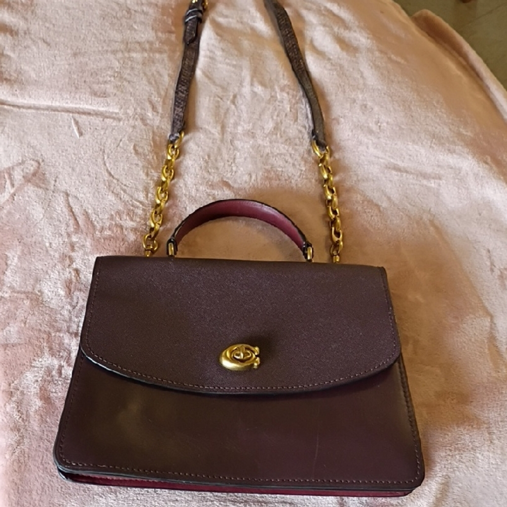 Vtg...New Coach Parker Deep  Burgundy Top-Handle Satchel Gold Chain Snakeskin